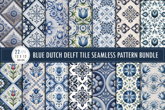 Blue Dutch Delft Tile Seamless Patterns