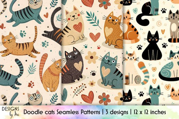 Cute Cats Seamless Patterns, Doodle Cats